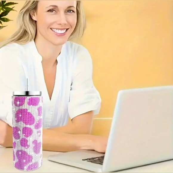 Pink/White Cow Print Stainless Steel Insulated Water Bottle w/Lid & Straw, NWOT - Picture 2 of 4